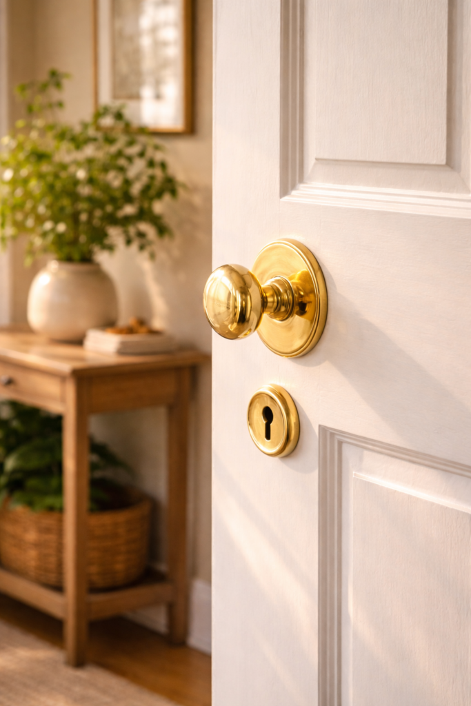 Clean Brass Hardware - Polished brass door handle on white paneled door in styled entryway