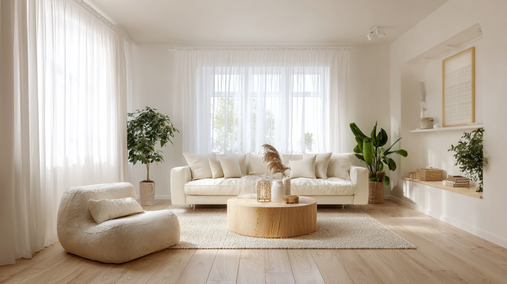 Bright Scandinavian living room with white walls, blonde wood floors, and sheer curtains in natural light