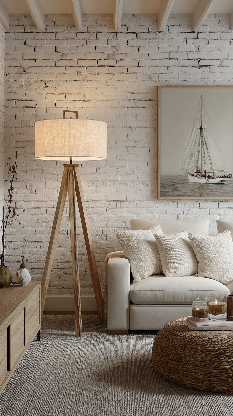 Scandinavian media room with whitewashed brick wall, low oak console, slipcovered sofa, and warm layered lamps
