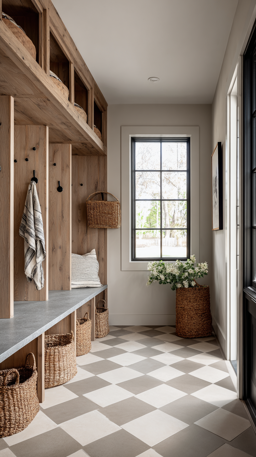 Modern farmhouse mudroom with checkerboard tile, slatted oak lockers, and built-in bluestone bench