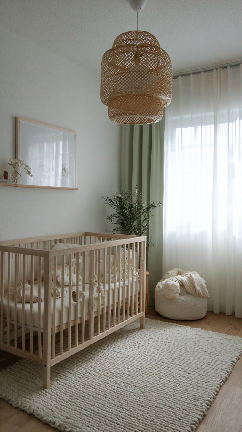 Scandinavian nursery with birch crib, rattan pendant, and soft pastel accents in warm filtered light
