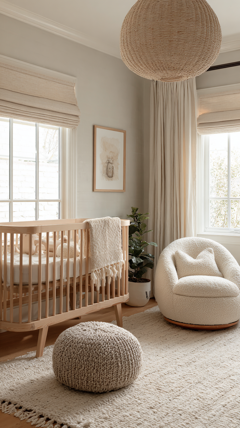 Soft Scandinavian farmhouse nursery with wood crib, bouclé glider, and neutral diamond-pattern rug