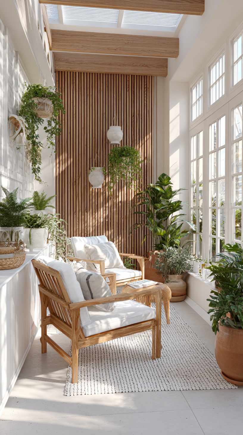 Scandinavian sunroom with slatted oak panels, woven chairs, and lush plant collection in bright natural light