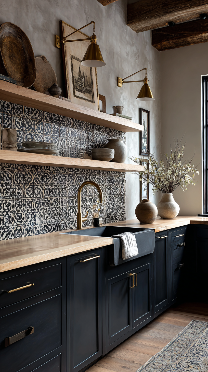 Dark farmhouse kitchen with charcoal cabinets, soapstone counters, brass fixtures, and zellige tile backsplash