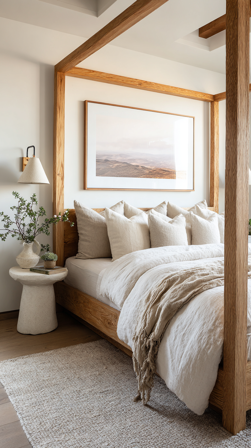 Airy farmhouse bedroom with wood canopy bed, linen bedding, plaster nightstands, and soft neutral tones