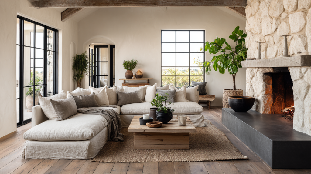 Modern farmhouse living room with linen sofa, stone fireplace, and warm neutral tones