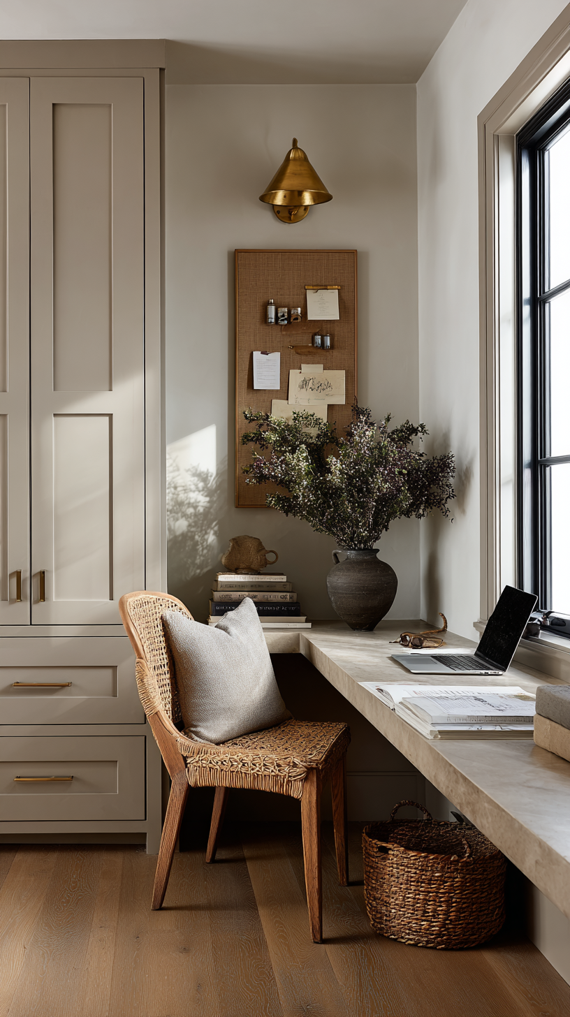 Cozy farmhouse office nook with Shaker cabinets, stone desk slab, cane chair, and brass sconce lighting