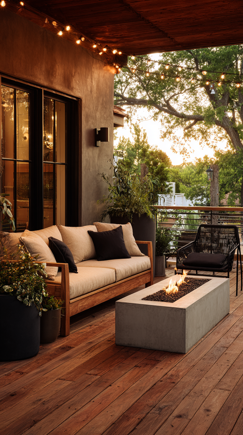 Modern farmhouse porch with cedar decking, concrete hearth, teak sofa, and string lights at golden hour
