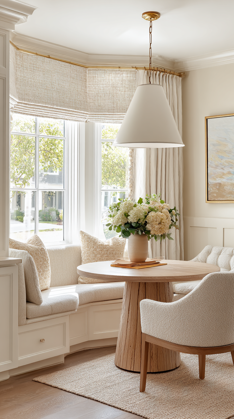 Scandinavian dining nook with built-in banquette, round oak table, and white cone pendant in soft natural light