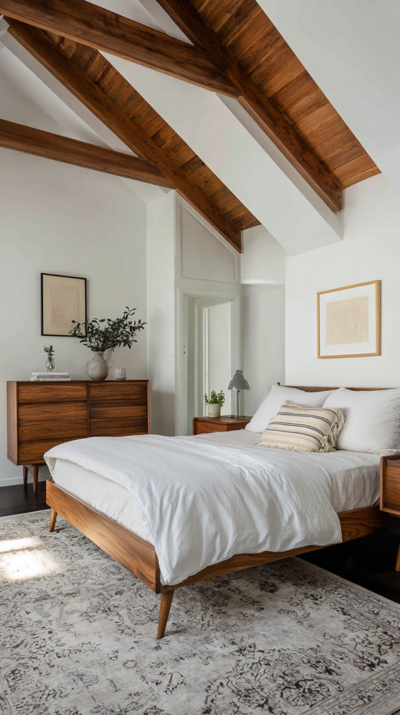 Airy bedroom with a bed frame on slender tapered wooden legs, a dresser and nightstands all raised off the floor on feet.