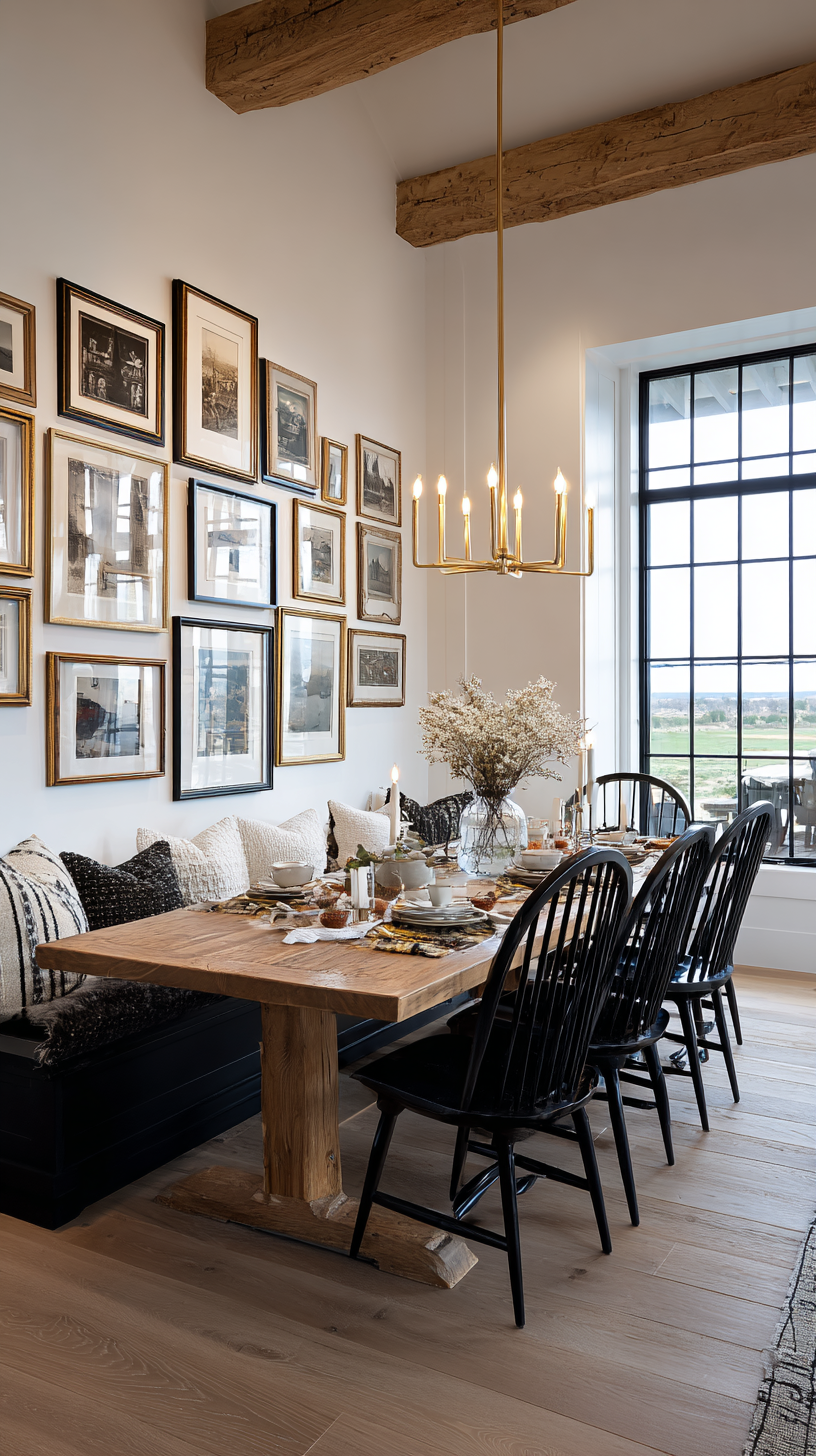 Modern farmhouse dining room with reclaimed oak table, brass chandelier, black chairs, and gallery wall