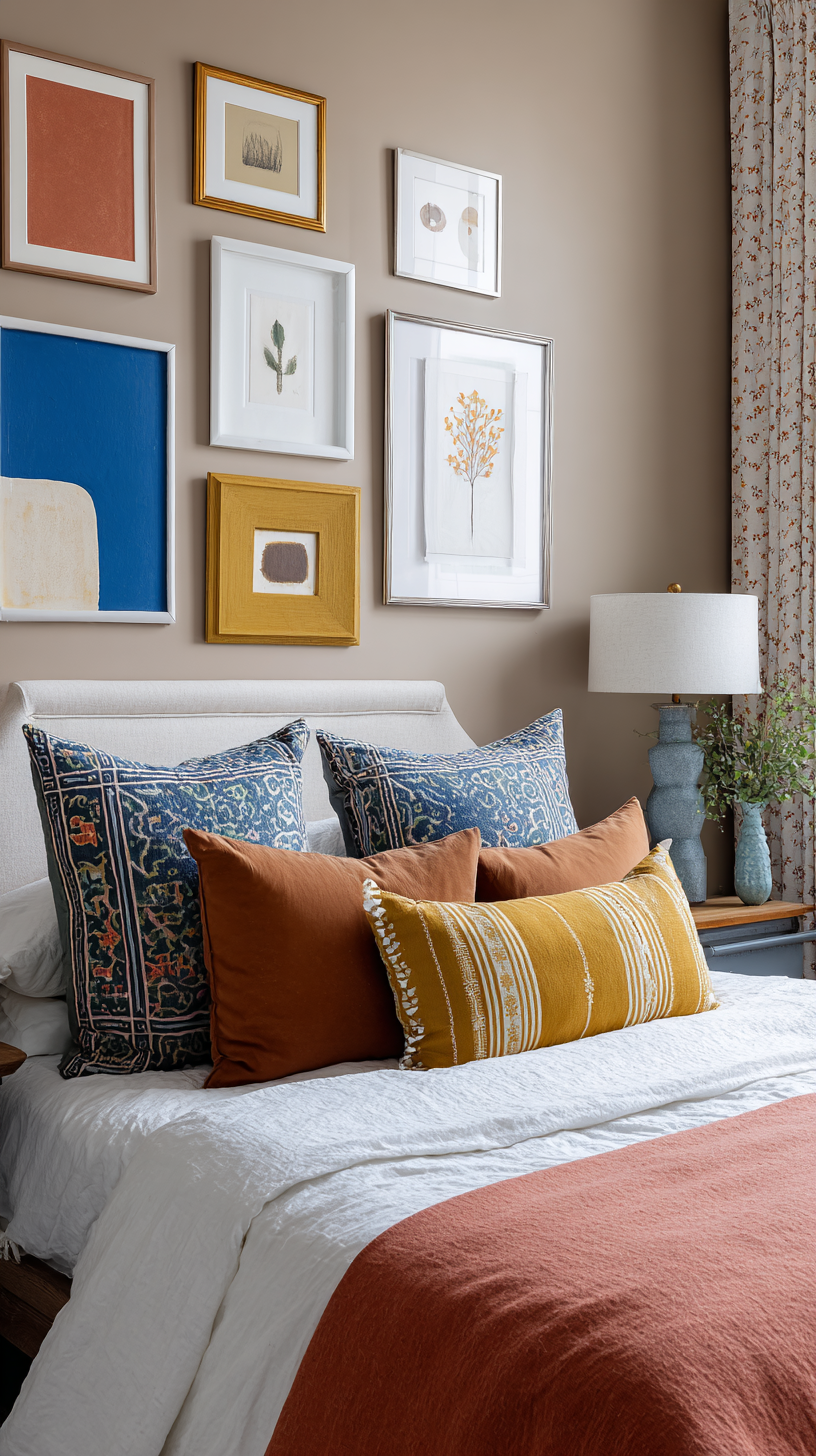 Bedroom gallery wall with bold colorful frames in cobalt, terracotta, and mustard holding art prints and photos