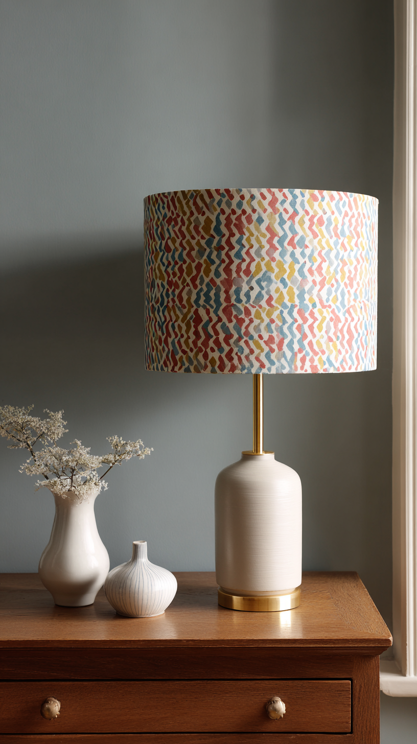 Bedroom lamp with bold printed colorful lampshade casting warm light as a playful decor statement