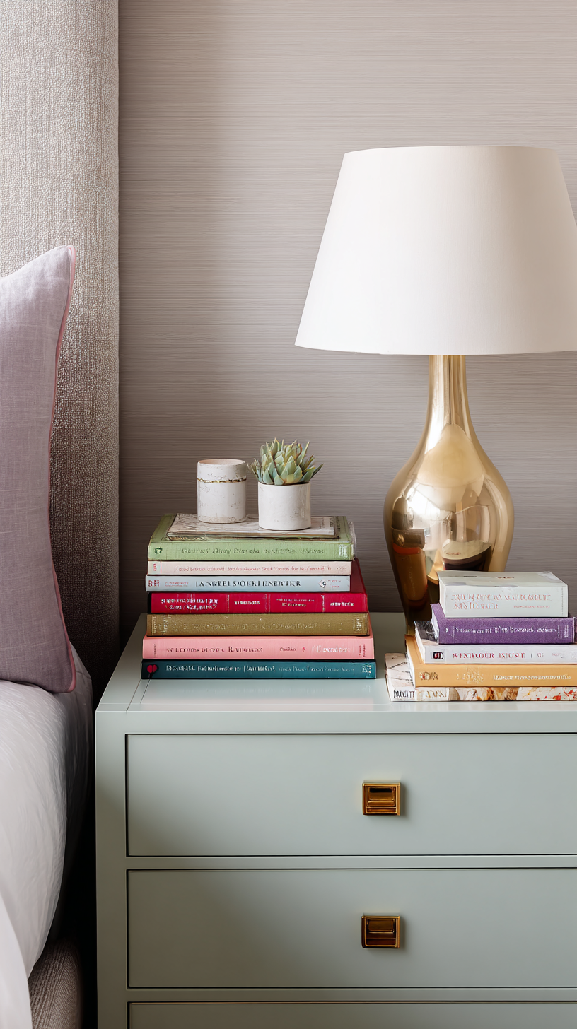 Bedroom nightstand with a curated stack of colorful hardcover books and a small plant under warm lamp light