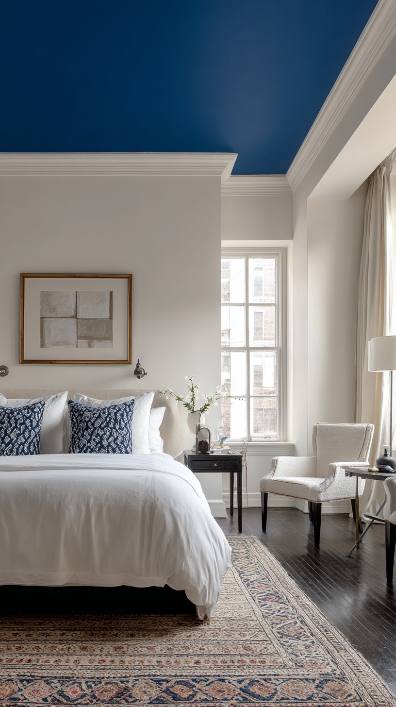 Bedroom with bold cobalt blue painted ceiling creating a jewel box effect against white walls