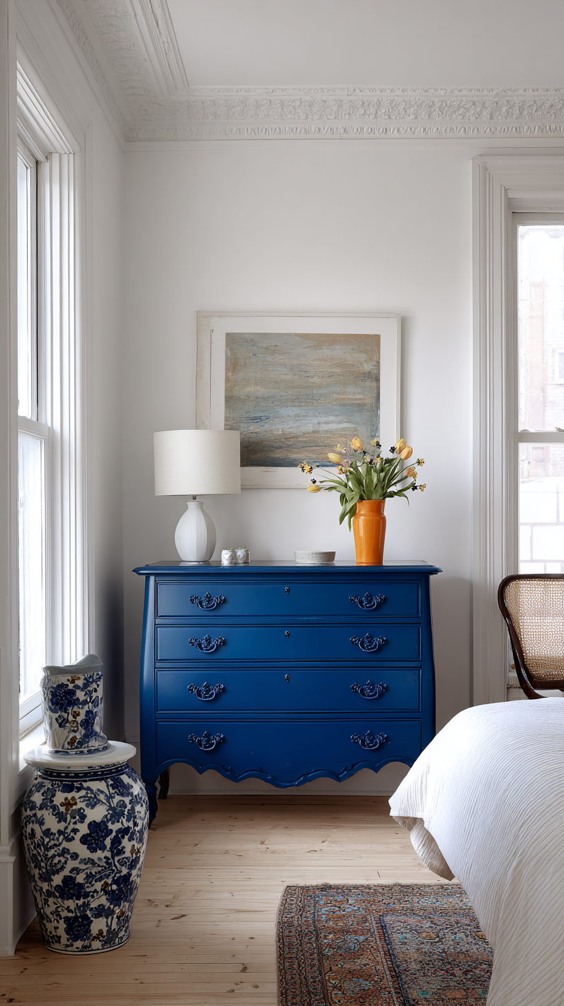 Bedroom with vintage dresser painted bold cobalt blue as a colorful upcycled furniture statement against white walls