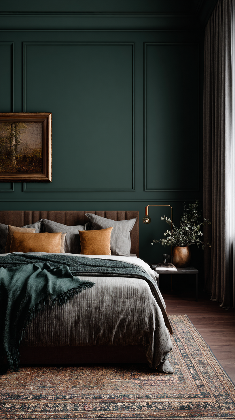 Bedroom with deep forest green walls, cream bedding, warm wood furniture, and brass lighting