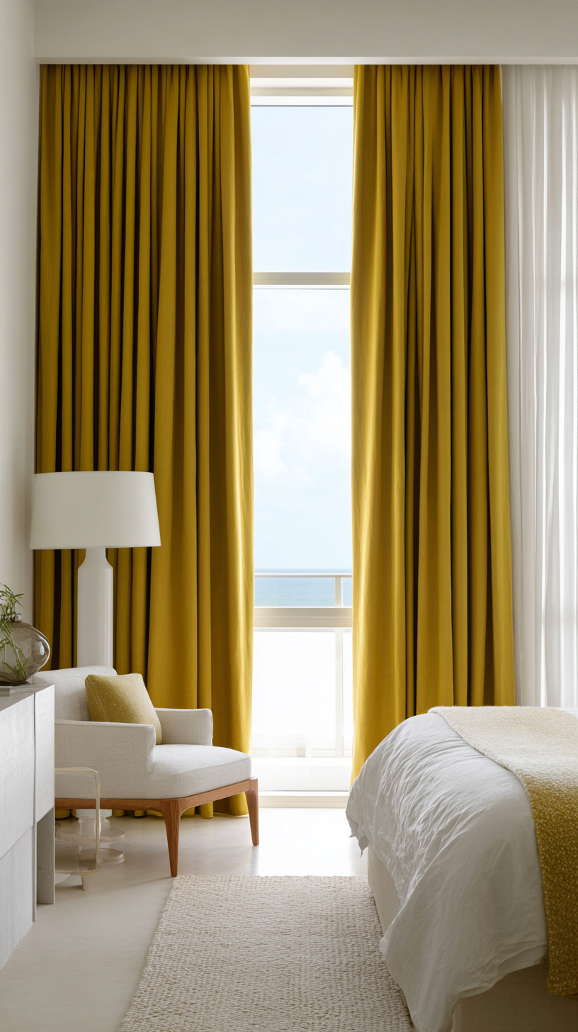 Bedroom with floor-to-ceiling mustard yellow linen curtains as the bold color anchor against white walls and furniture