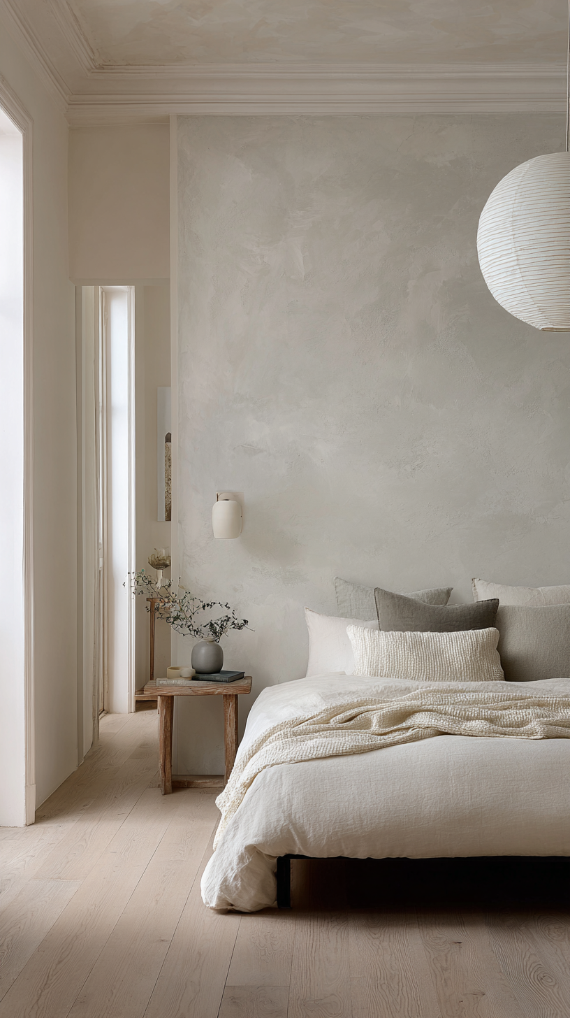 Bedroom with limewash painted walls showing warm white and gray textural variation, linen bedding, and organic modern furniture