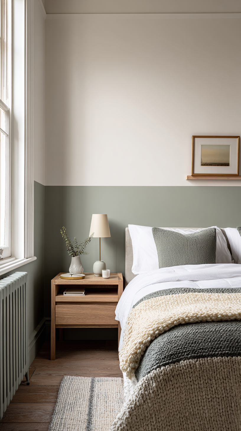Bedroom with two-tone painted walls — warm white on top and sage green on the lower half with a clean dividing line