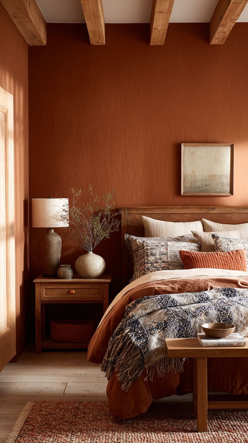 Bedroom with warm terracotta walls, natural linen bedding, and rattan accents for an earthy bohemian look