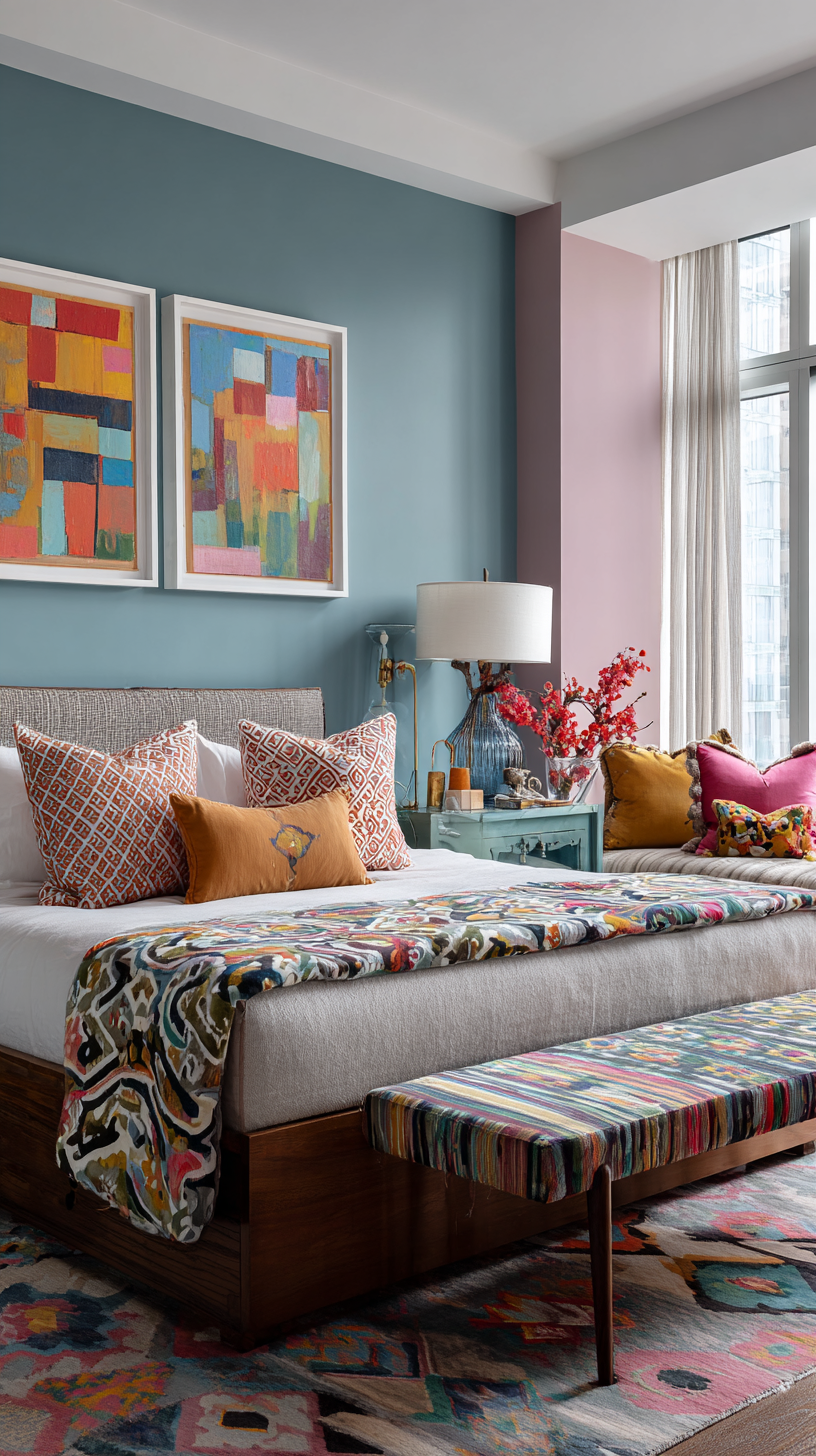 Bold maximalist dopamine decor bedroom with vibrant multicolor walls, pattern-mixed bedding, and joyful colorful accents throughout