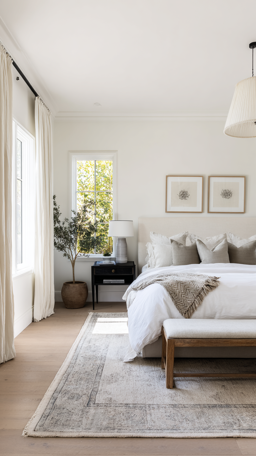 Bright airy bedroom with warm white walls, natural linen bedding, and light wood furniture