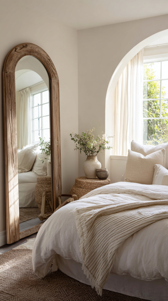Bright bedroom with a large arched leaning mirror placed across from the window