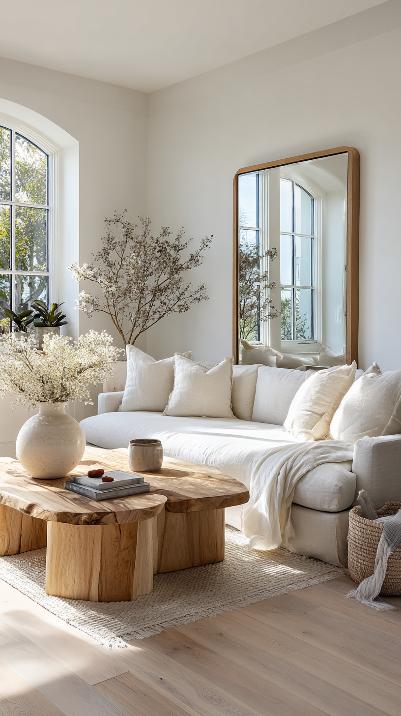 White Scandinavian living room with blonde oak floors, linen sofa, and large mirror reflecting natural light - Scandinavian Design Ideas