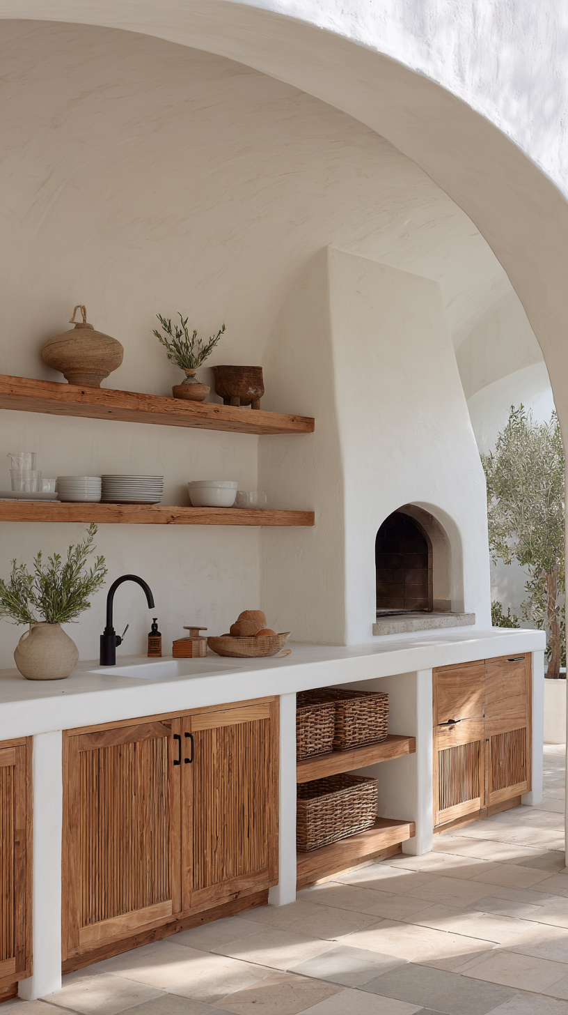 Coastal outdoor kitchen with white stucco structure, warm teak cabinetry and shelving, wood-fired oven with curved white dome