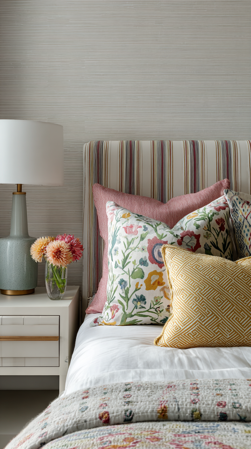 Colorful bed styled with three coordinating patterns — stripes, florals, and geometric — in a joyful eclectic mix