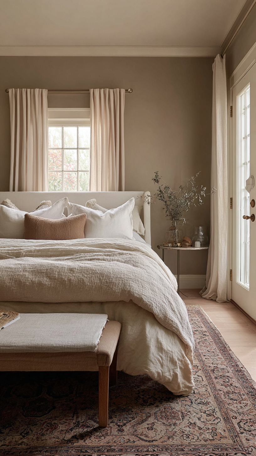 Cozy bedroom with warm greige taupe walls, cream layered bedding, and wood furniture in a transitional style