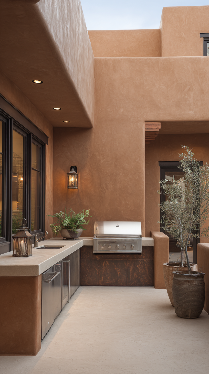Desert modern outdoor kitchen with warm adobe-toned plaster walls, stainless steel plancha grill,