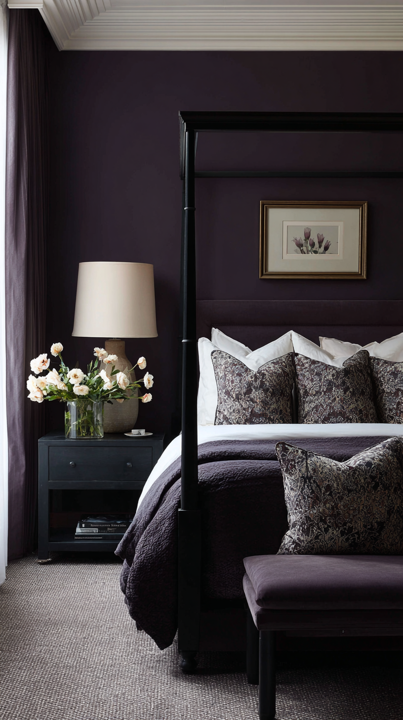 Dramatic bedroom with deep plum purple walls, gold velvet pillows, and dark wood furniture