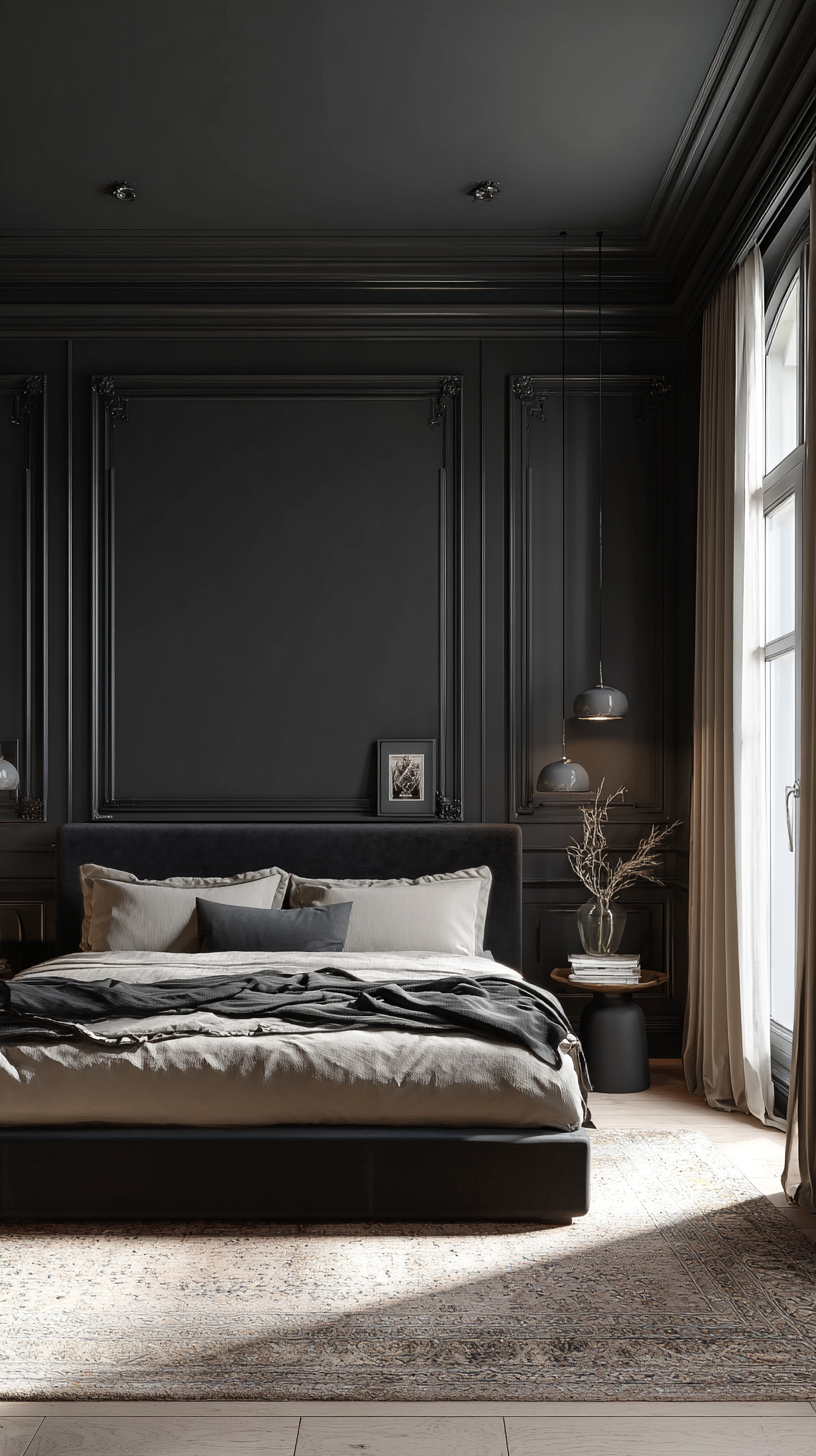 Dramatic matte black bedroom with white textured bedding, brass accents, and a statement pendant light