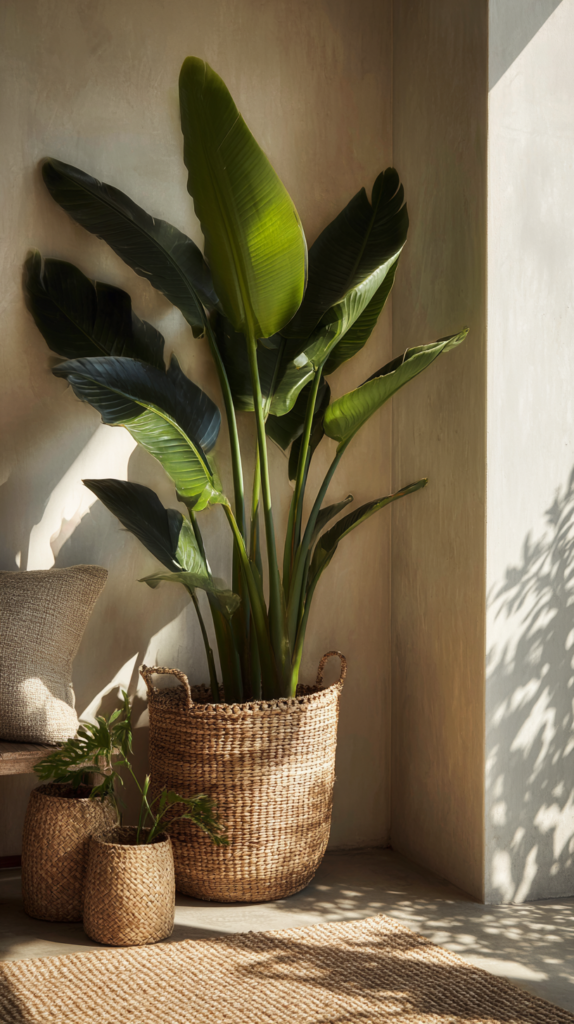 Bird of paradise statement plant in a large woven basket on a small balcony garden, focal point for a budget outdoor space, editorial home decor photography