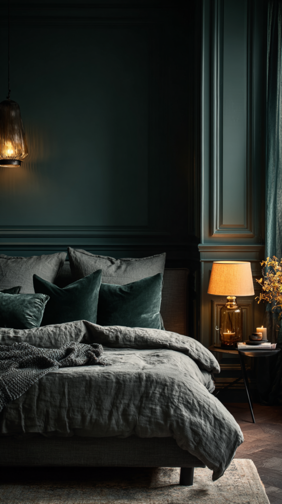 Dramatic dark bedroom with deep forest green walls