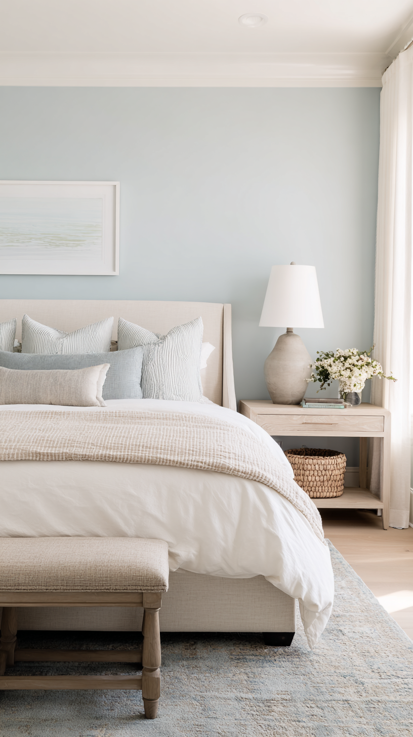 Light airy bedroom with soft sky blue walls, white bedding, and simple light wood furniture