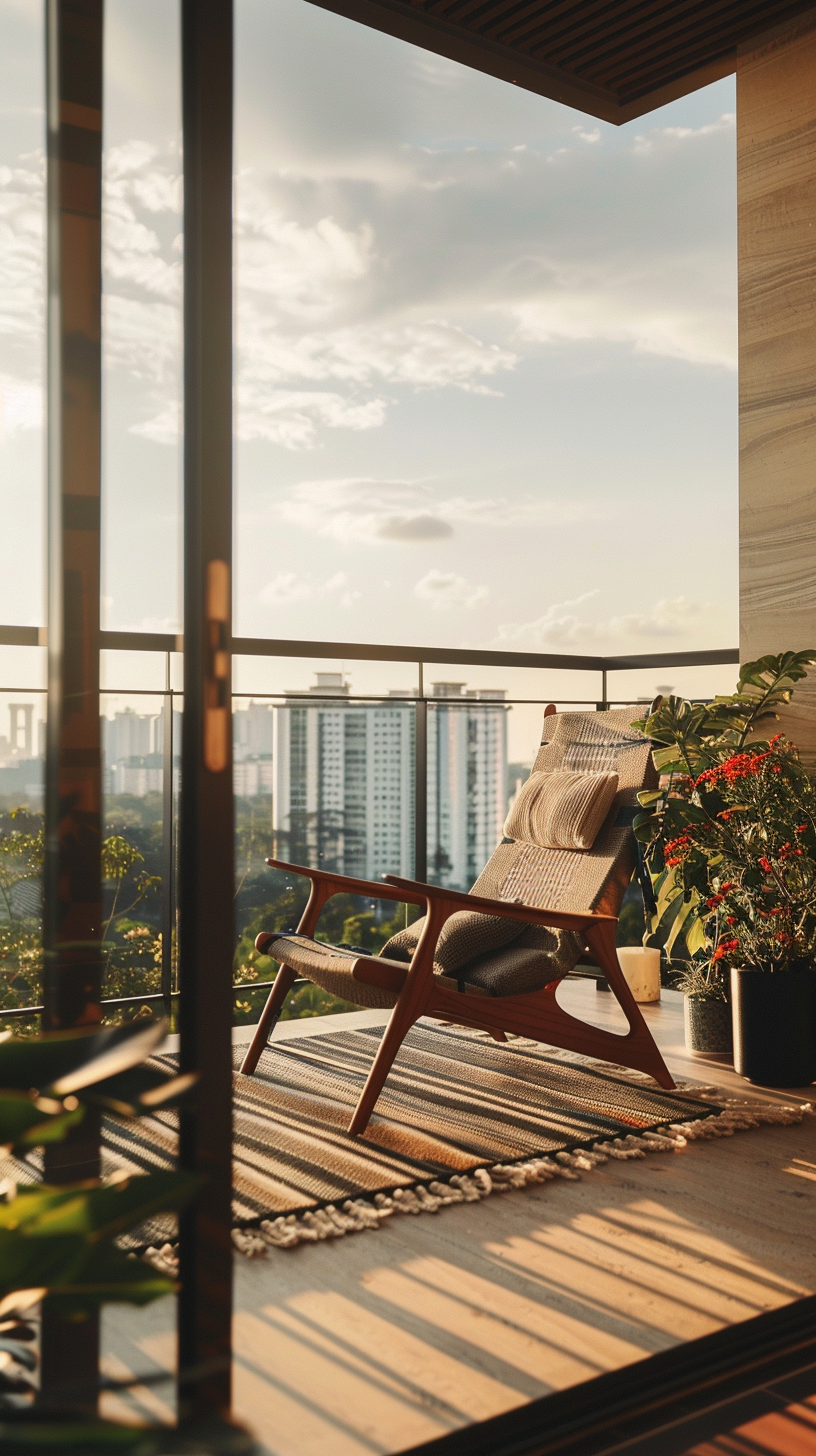 Minimalist balcony with a single lounge chair facing the open view with nothing blocking the railing and a city skyline visible beyond