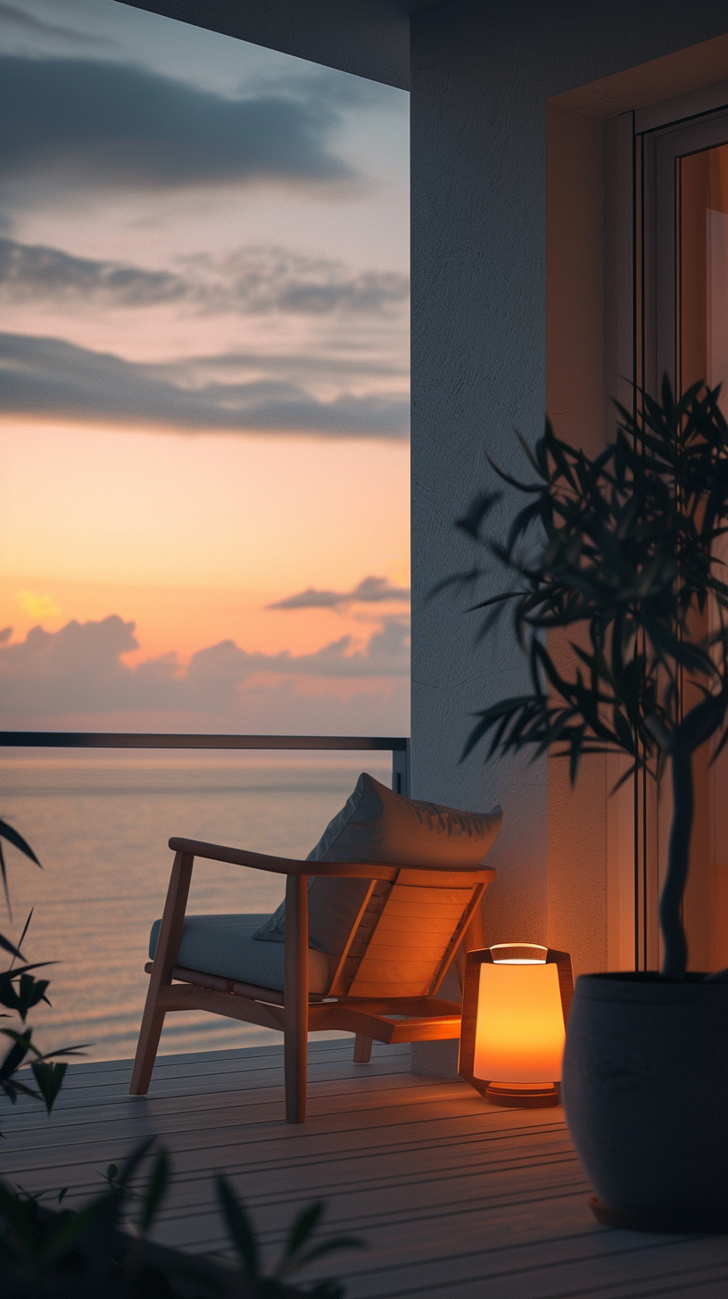 Minimalist balcony at dusk with a single large floor lantern glowing with warm amber light.