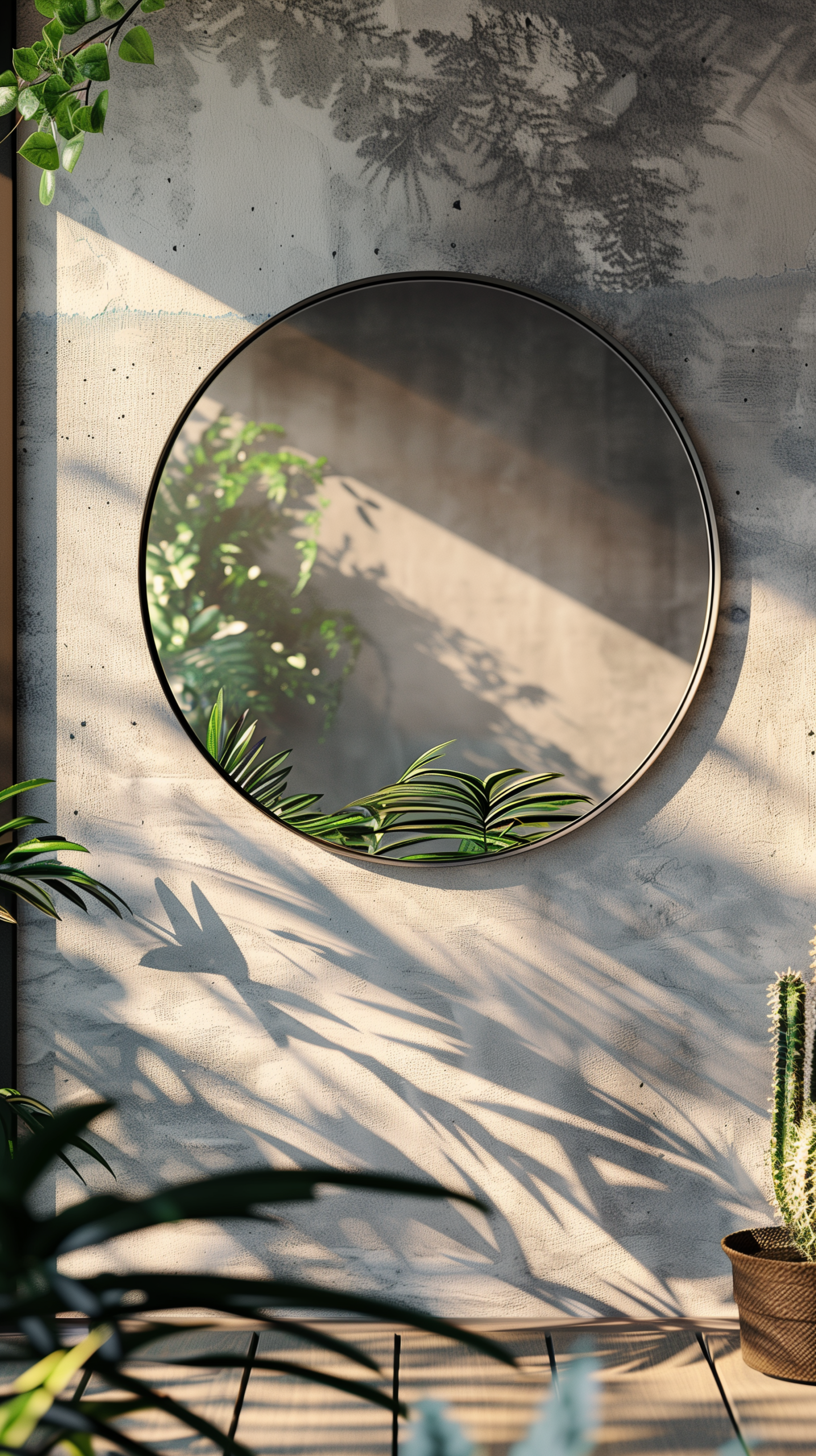 Minimalist balcony with a single round outdoor mirror on the wall reflecting sky and plants in clean architectural natural light