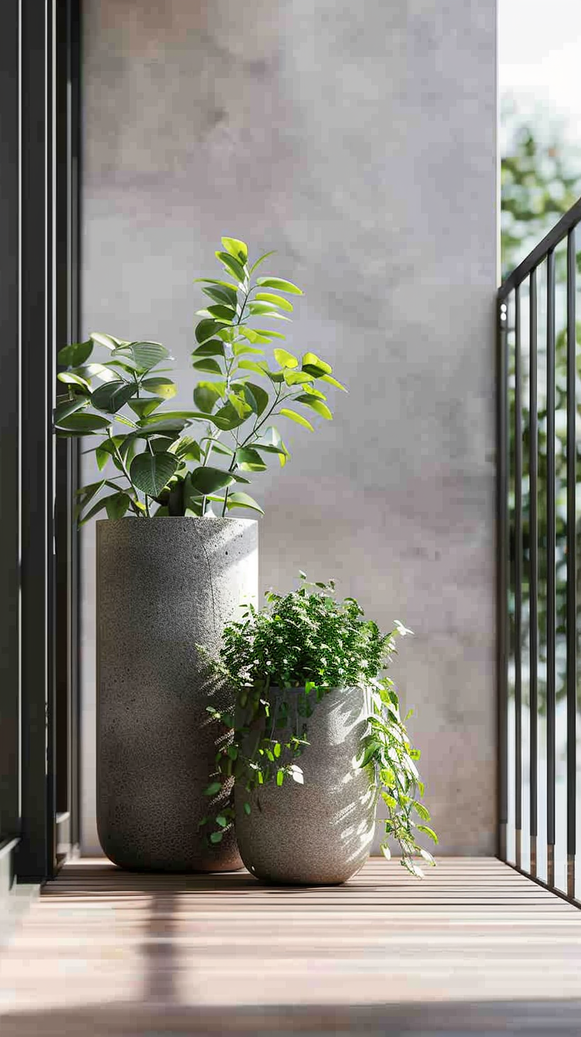 Minimalist balcony with one tall architectural plant in a concrete pot and one trailing plant against a clean neutral backdrop