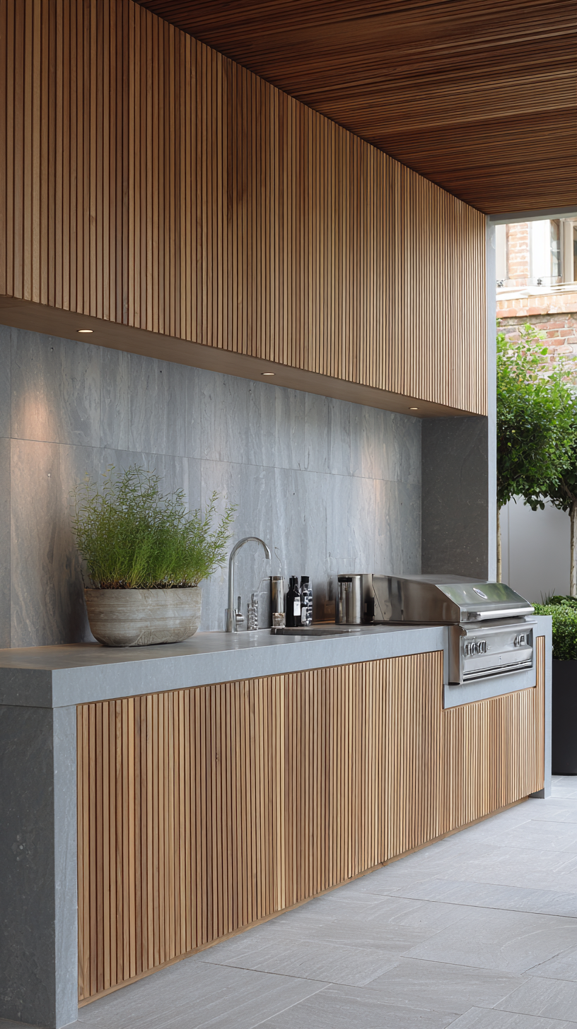 Minimalist outdoor kitchen with vertical cedar cladding, hidden appliances behind flush panels, light gray stone countertop, clean Scandinavian design