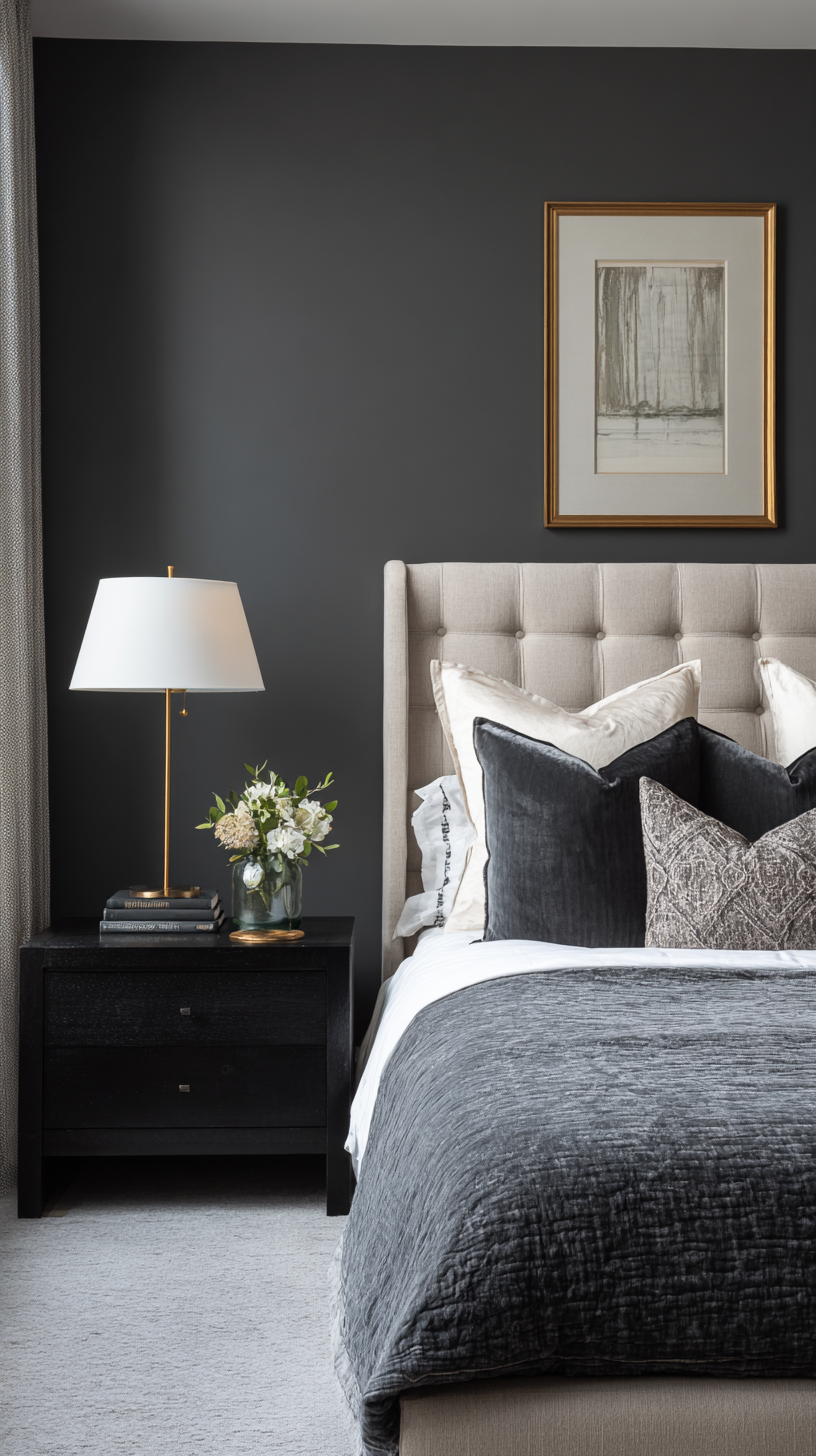 Modern bedroom with deep charcoal gray walls, white bedding, and minimalist black furniture
