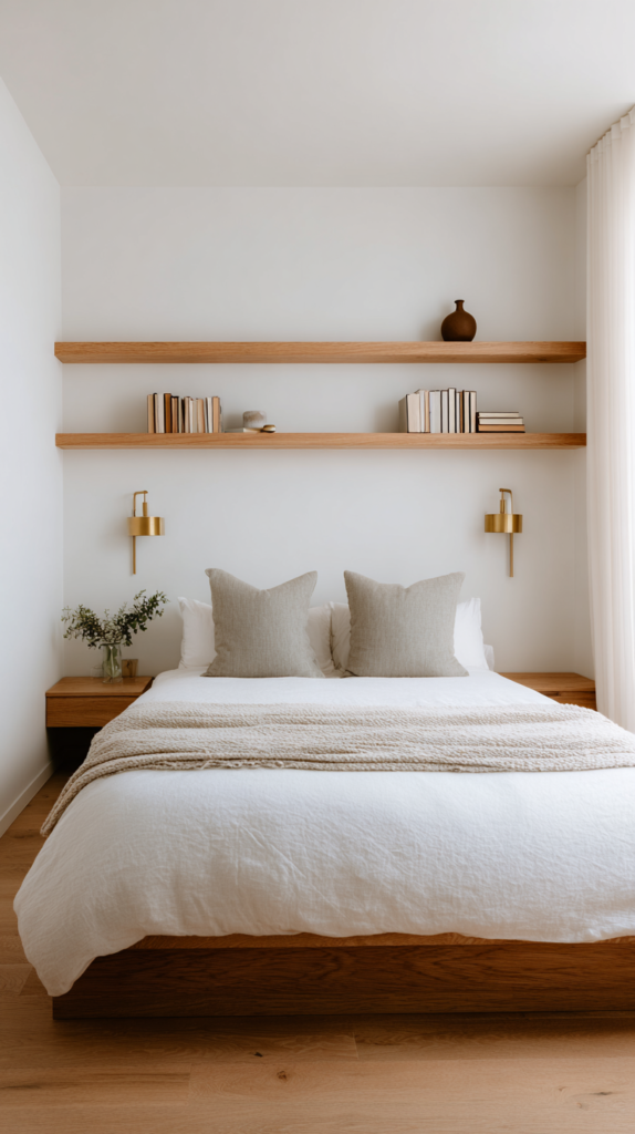 Modern bedroom with two slim floating wooden shelves wall-mounted at mattress height on either side of the bed