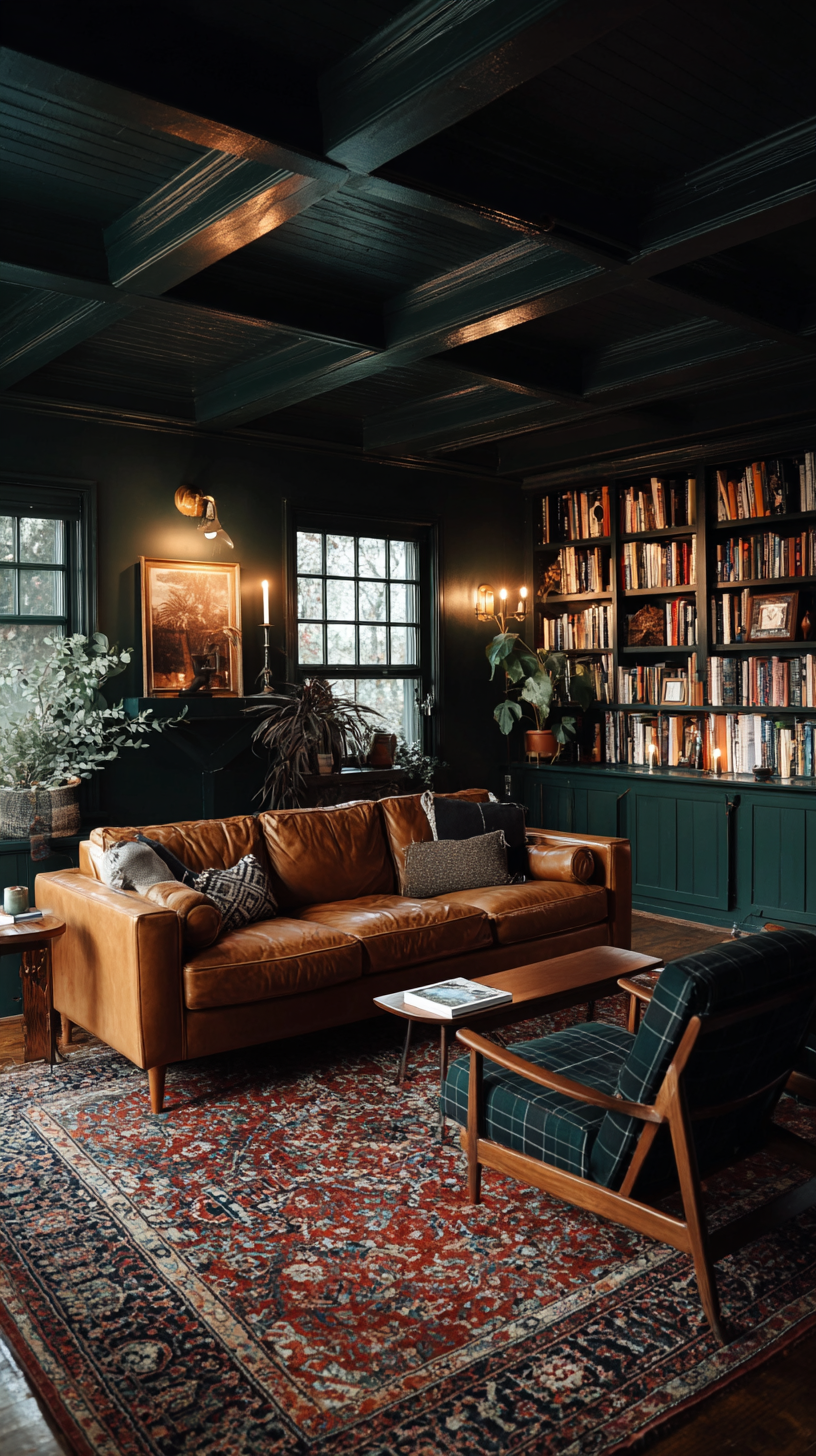 Moody library den with green walls, black ceiling beams, leather sofa, and floor-to-ceiling bookshelves