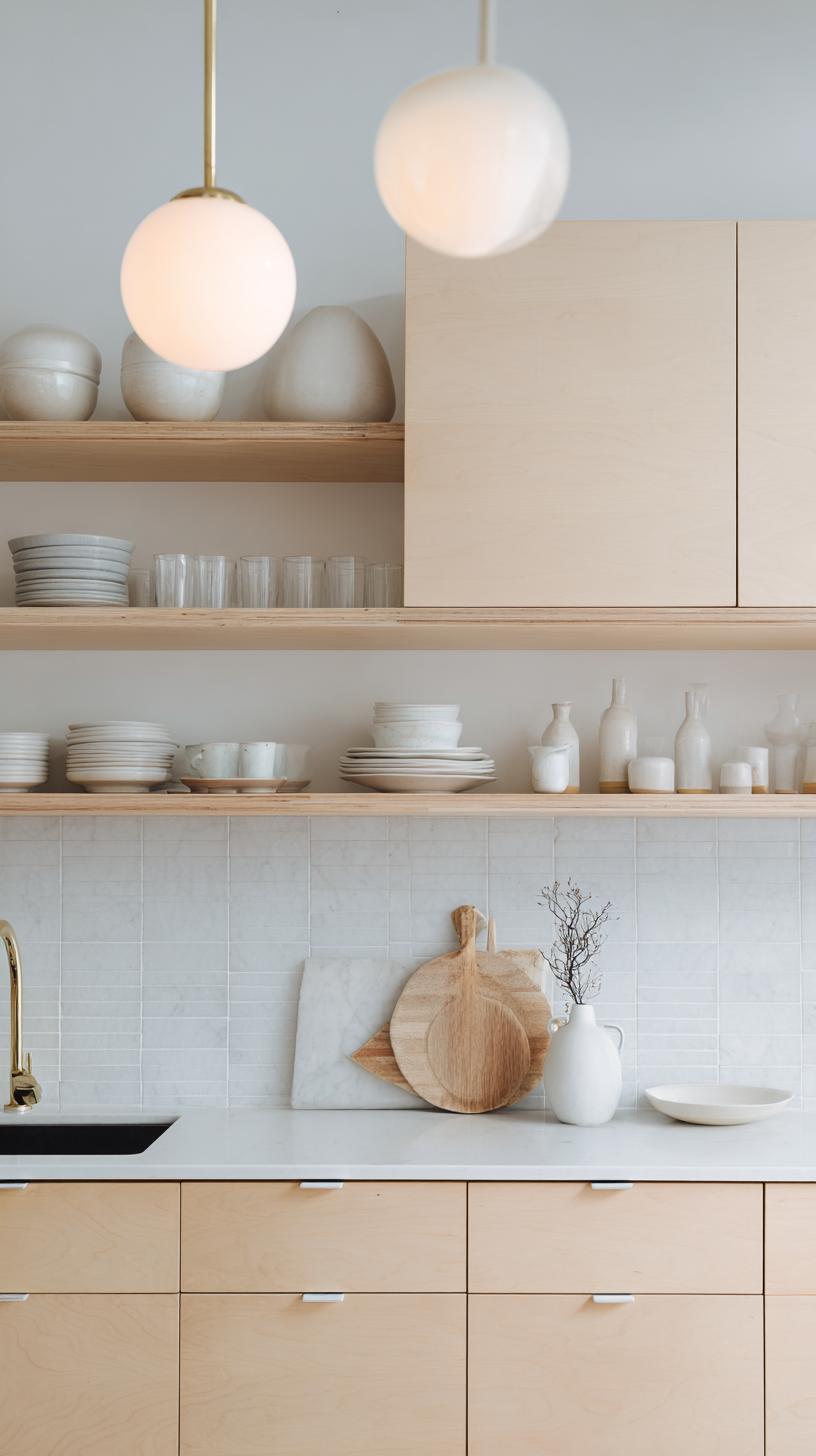 Minimal Scandinavian kitchen with pale plywood cabinets, open oak shelves, and white ceramic styling