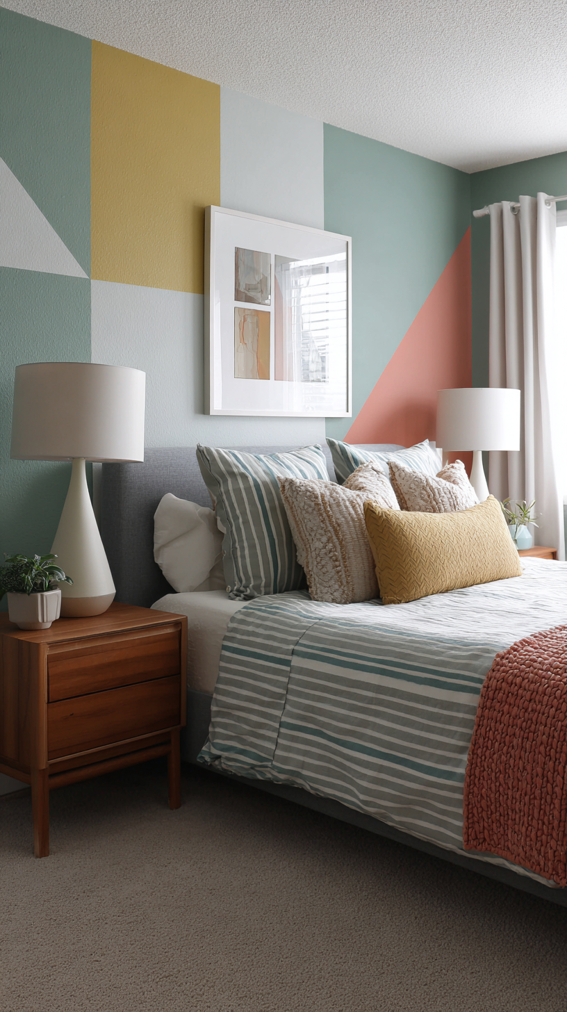 Bedroom wall decorated with colorful washi tape creating geometric patterns for a renter-friendly bold art effect