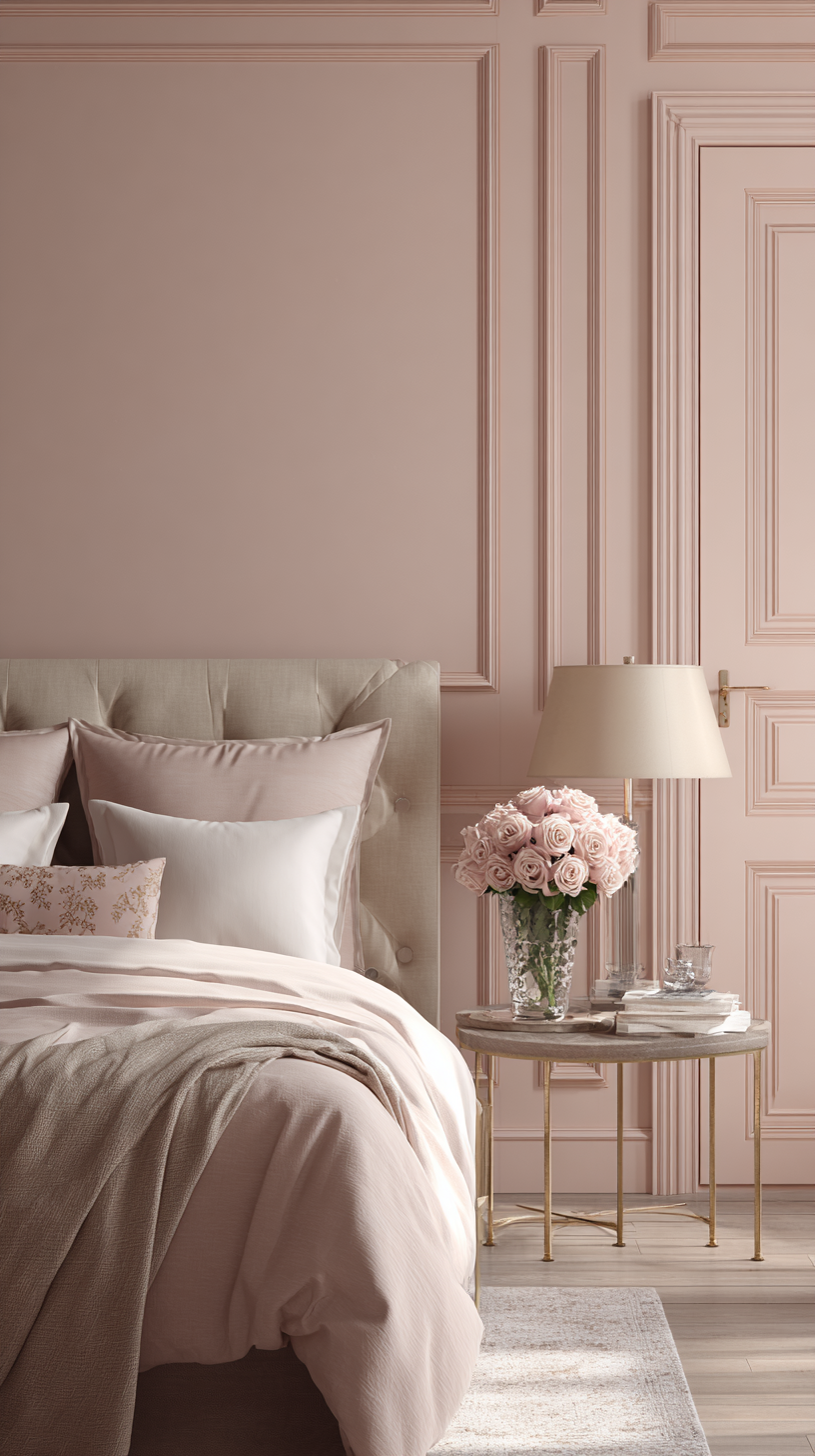 Bedroom with soft dusty rose walls, white ruffled bedding, and gold accent pieces