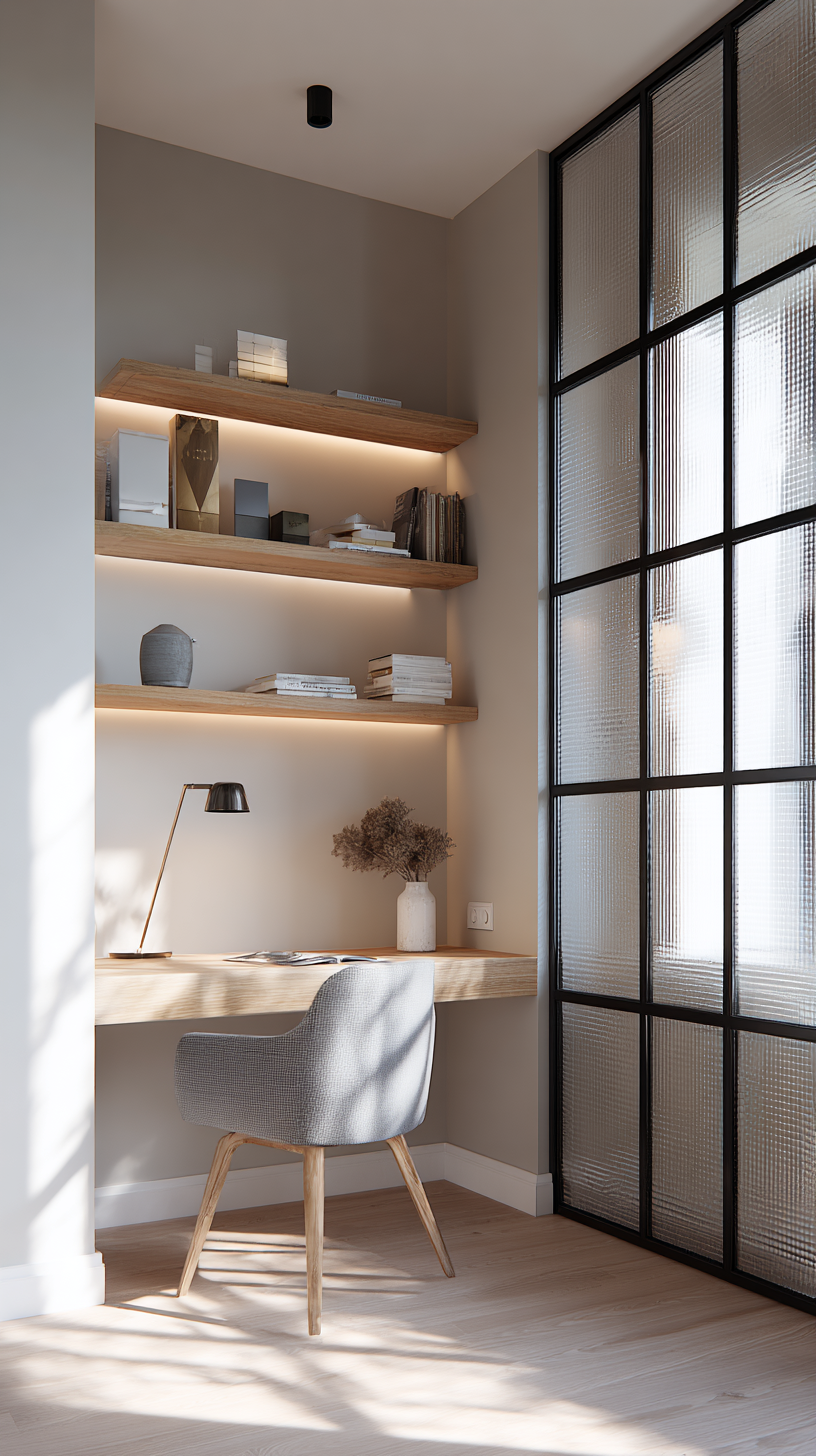 Scandinavian home office with floating birch desk, glass partition, and natural light from adjacent room